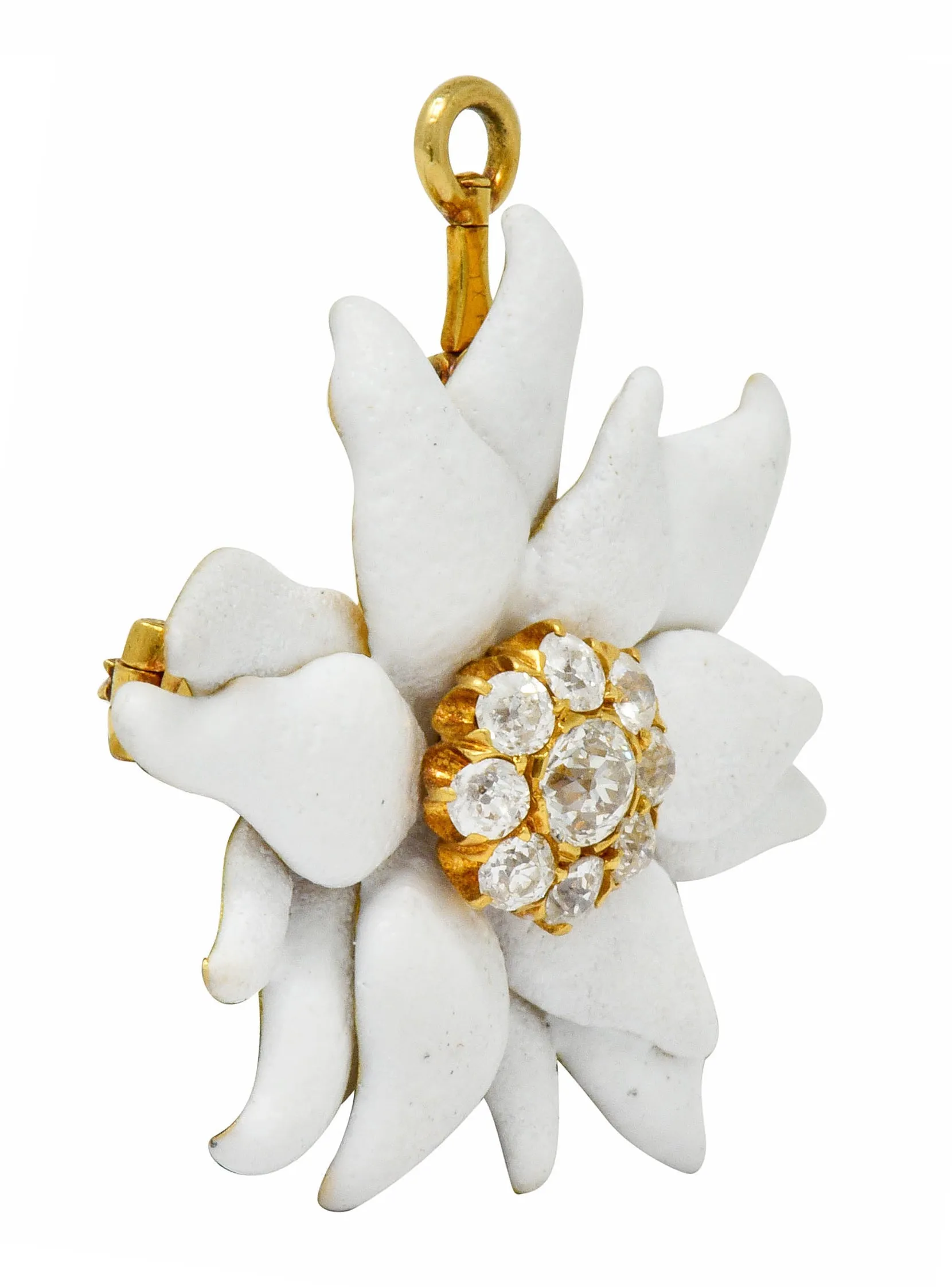 Antique Tiffany & Co. Paulding Farnham 1.30 CTW Diamond Enamel 18 Karat Gold Edelweiss Flower Pendant Brooch