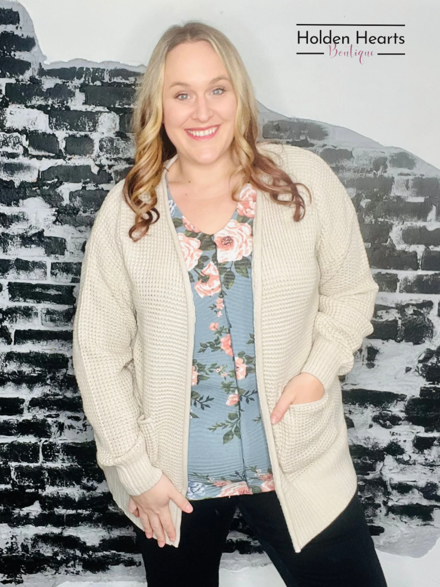 Around The Clock Waffle Cardigan in Beige