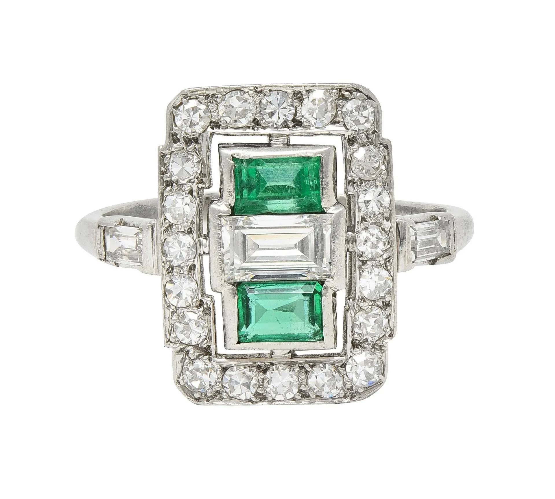 Art Deco 1.50 CTW Emerald Diamond Platinum Vintage Cluster Dinner Ring