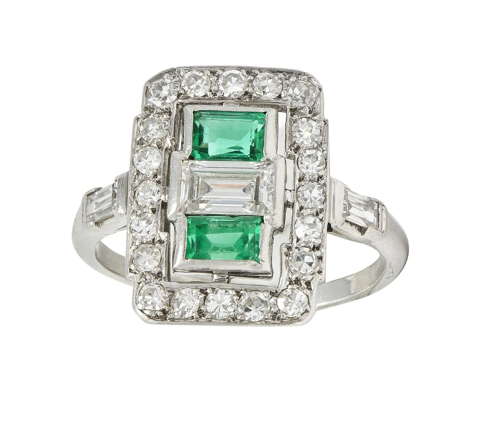 Art Deco 1.50 CTW Emerald Diamond Platinum Vintage Cluster Dinner Ring