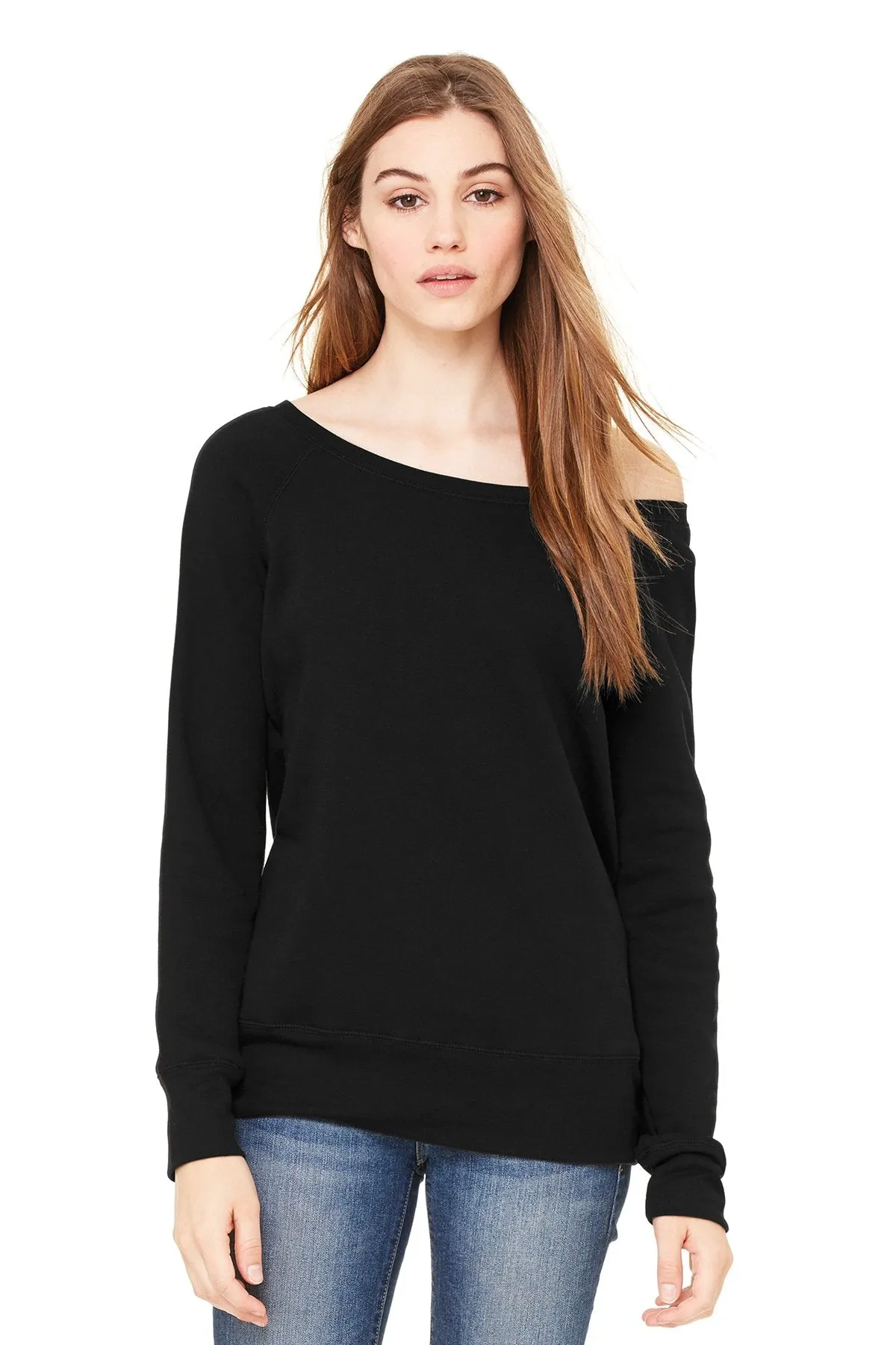 Bella + Canvas Ladies Sponge Fleece Wide Neck Sweatshirt 7501 Black Poly-Cotton