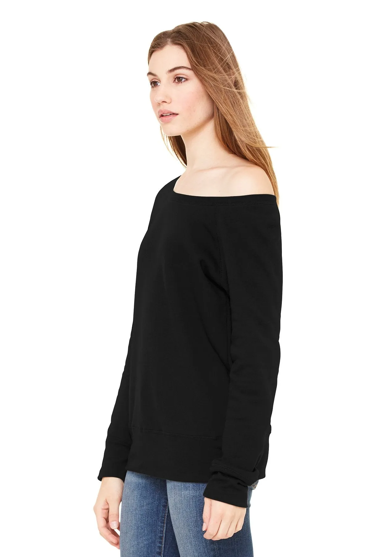 Bella + Canvas Ladies Sponge Fleece Wide Neck Sweatshirt 7501 Black Poly-Cotton