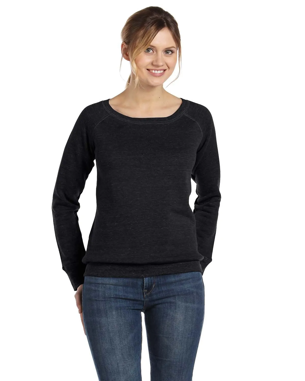 Bella + Canvas Ladies Sponge Fleece Wide Neck Sweatshirt 7501 Black Poly-Cotton