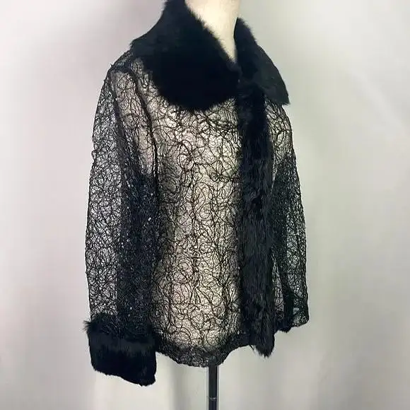 Black Beaded Lace With Fur Trim Jacket