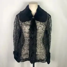 Black Beaded Lace With Fur Trim Jacket