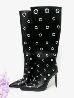 Black Mid Calf Boots Women's Cut Out Pointed Toe Stiletto Heel Boots