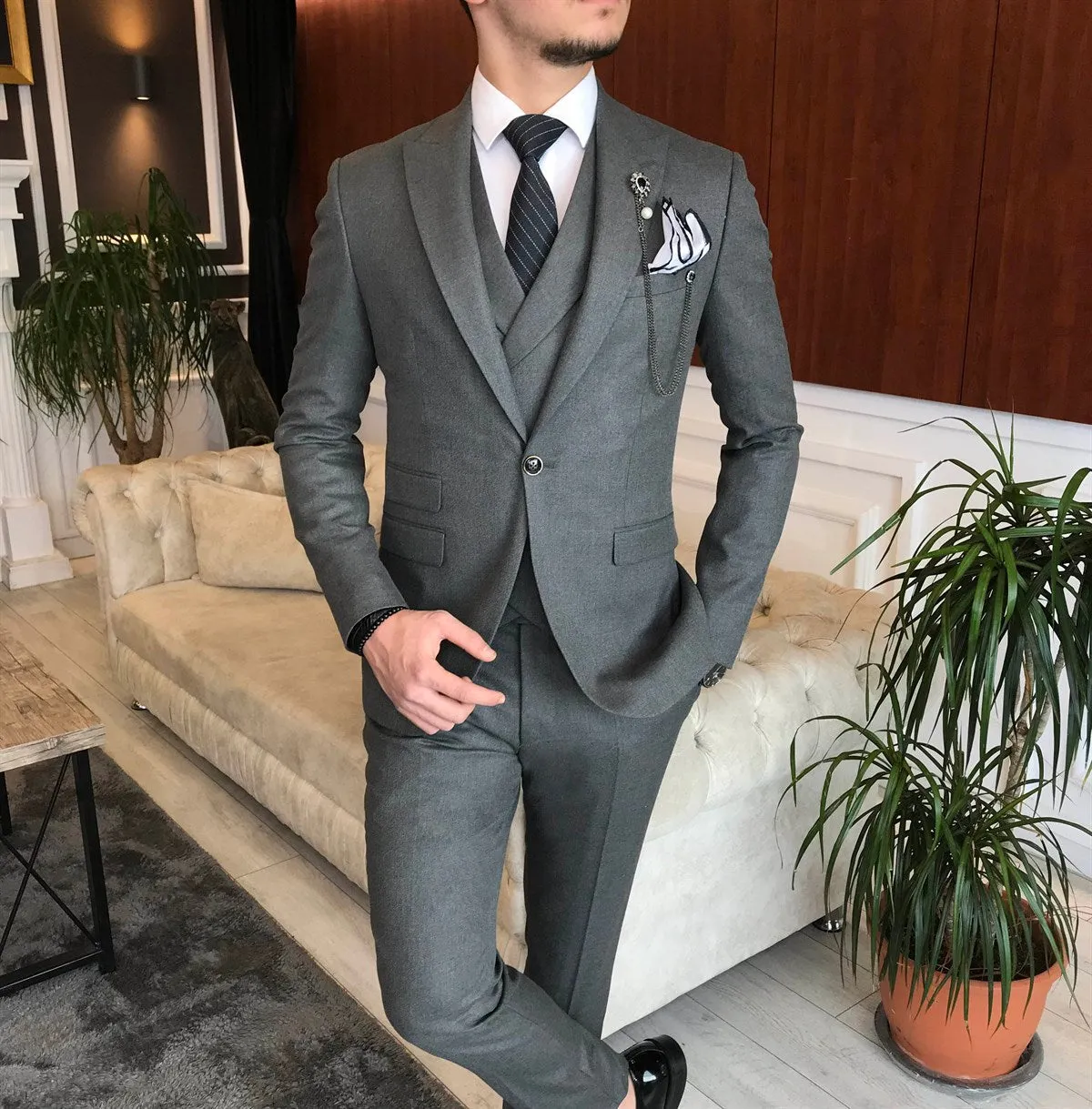 Bojoni Grey Slim-Fit Suit 3-Piece