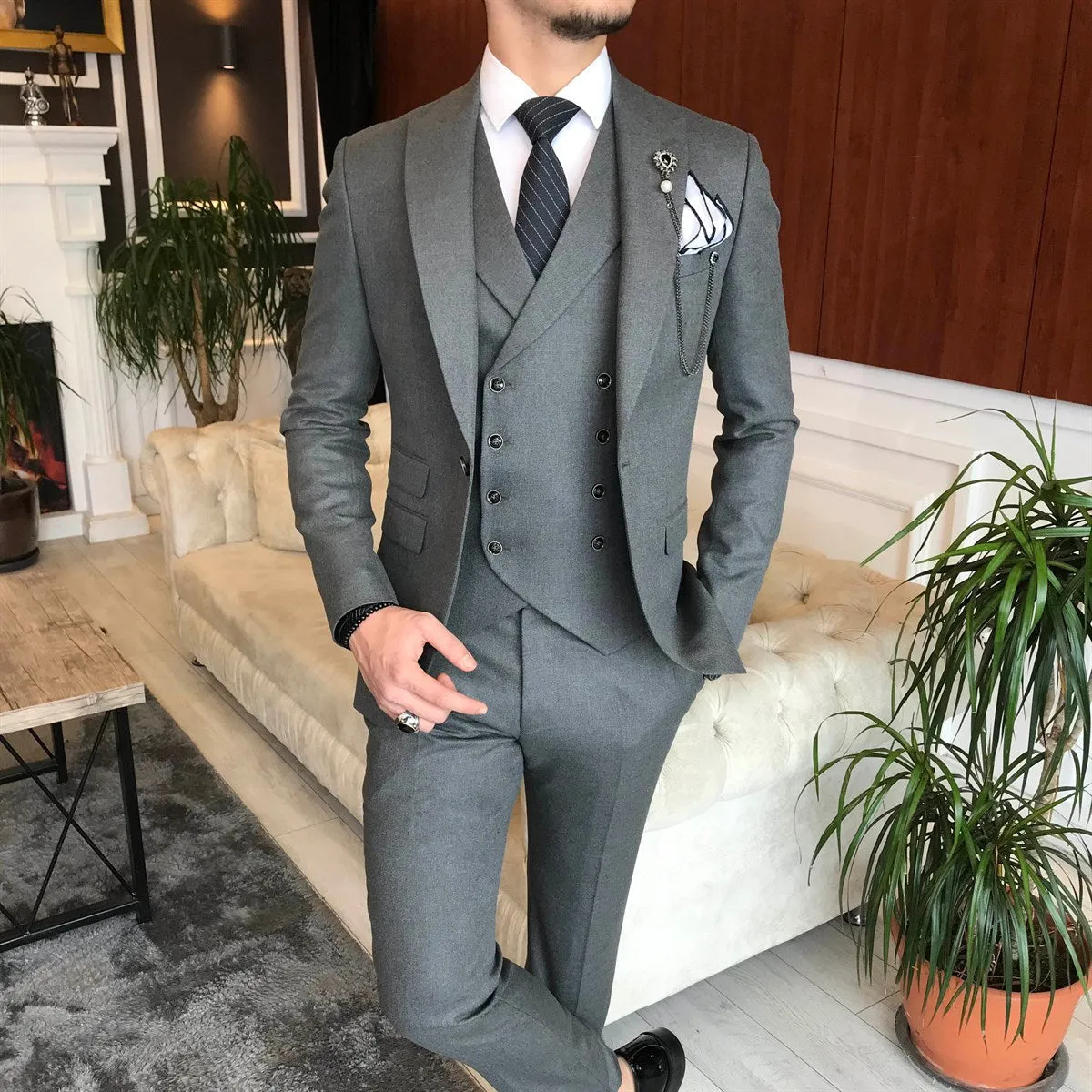 Bojoni Grey Slim-Fit Suit 3-Piece