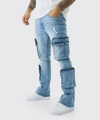 boohoo Mens Raw Seam Stretch Skinny Ripped Cargo Flared Jeans