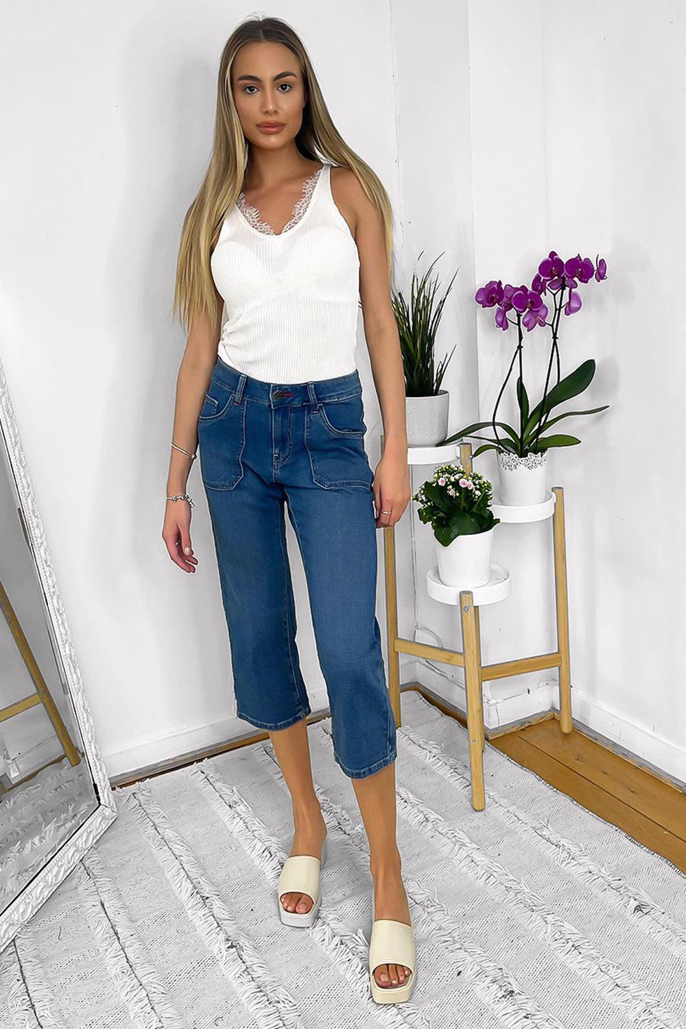 Contrast Stitch Large Pockets Cropped Jeans