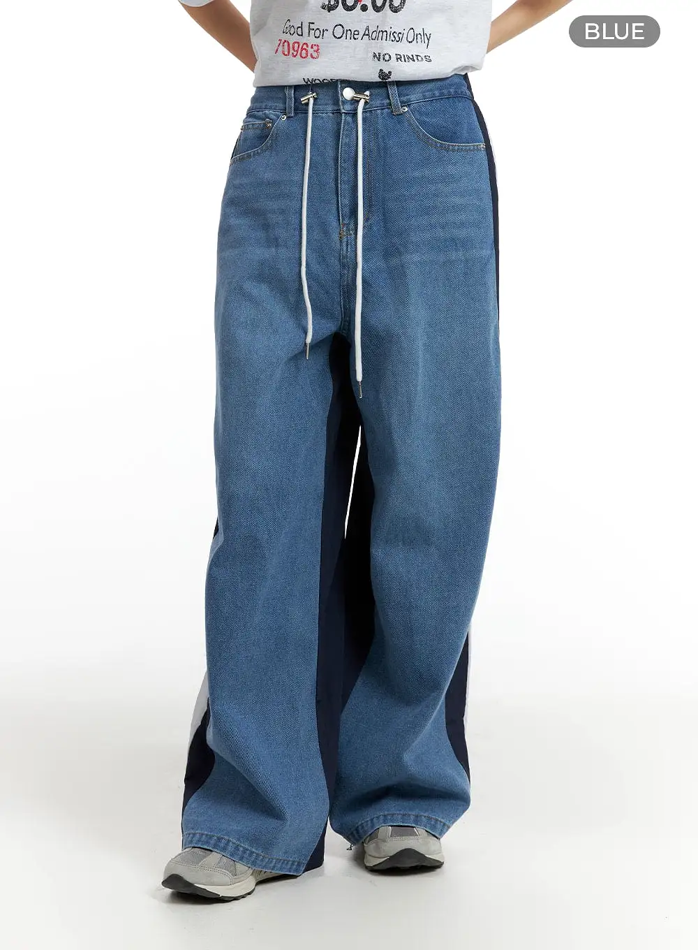 Contrasting Trim Drawstring Baggy Jeans CM407