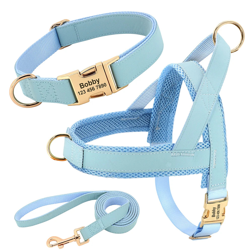 Customized Leather Dog Collar Harness Leash Set Personalized Pet Mesh Vest Harness ID Pet Leads For Small Medium Large Dogs