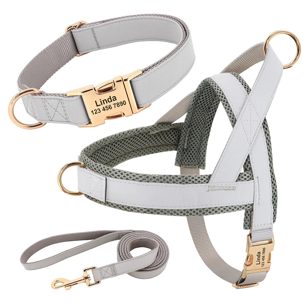 Customized Leather Dog Collar Harness Leash Set Personalized Pet Mesh Vest Harness ID Pet Leads For Small Medium Large Dogs