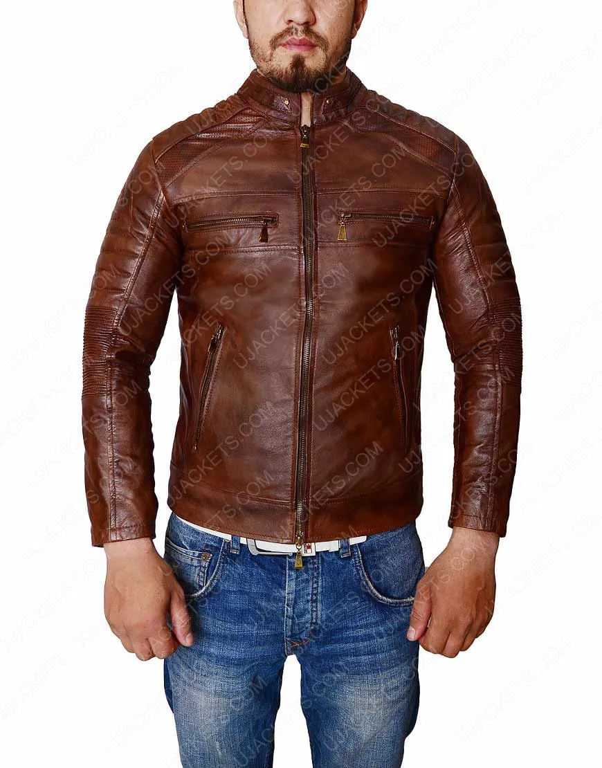 Distressed Brown Slim Fit Cafe Racer Jacket - Ujackets