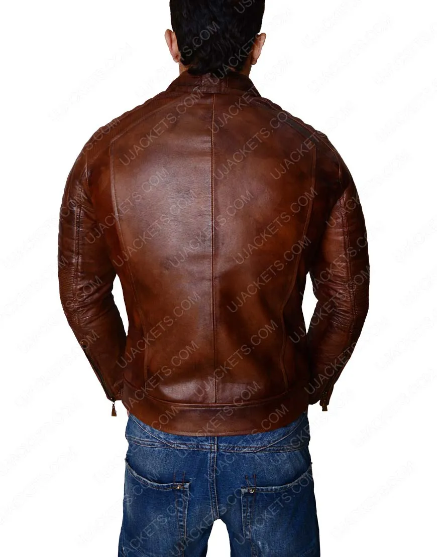 Distressed Brown Slim Fit Cafe Racer Jacket - Ujackets