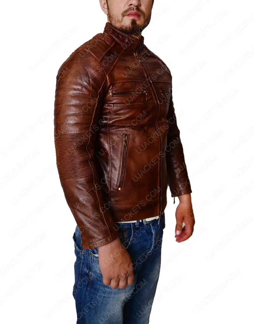 Distressed Brown Slim Fit Cafe Racer Jacket - Ujackets