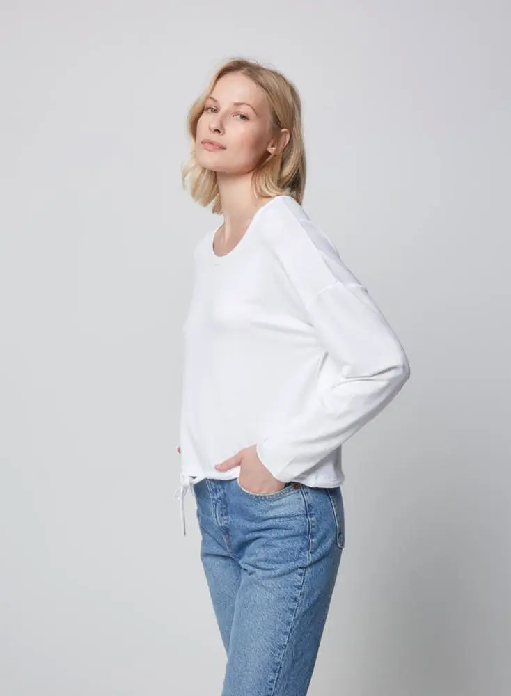 French Terry Drawstring Crewneck Top - Blanc