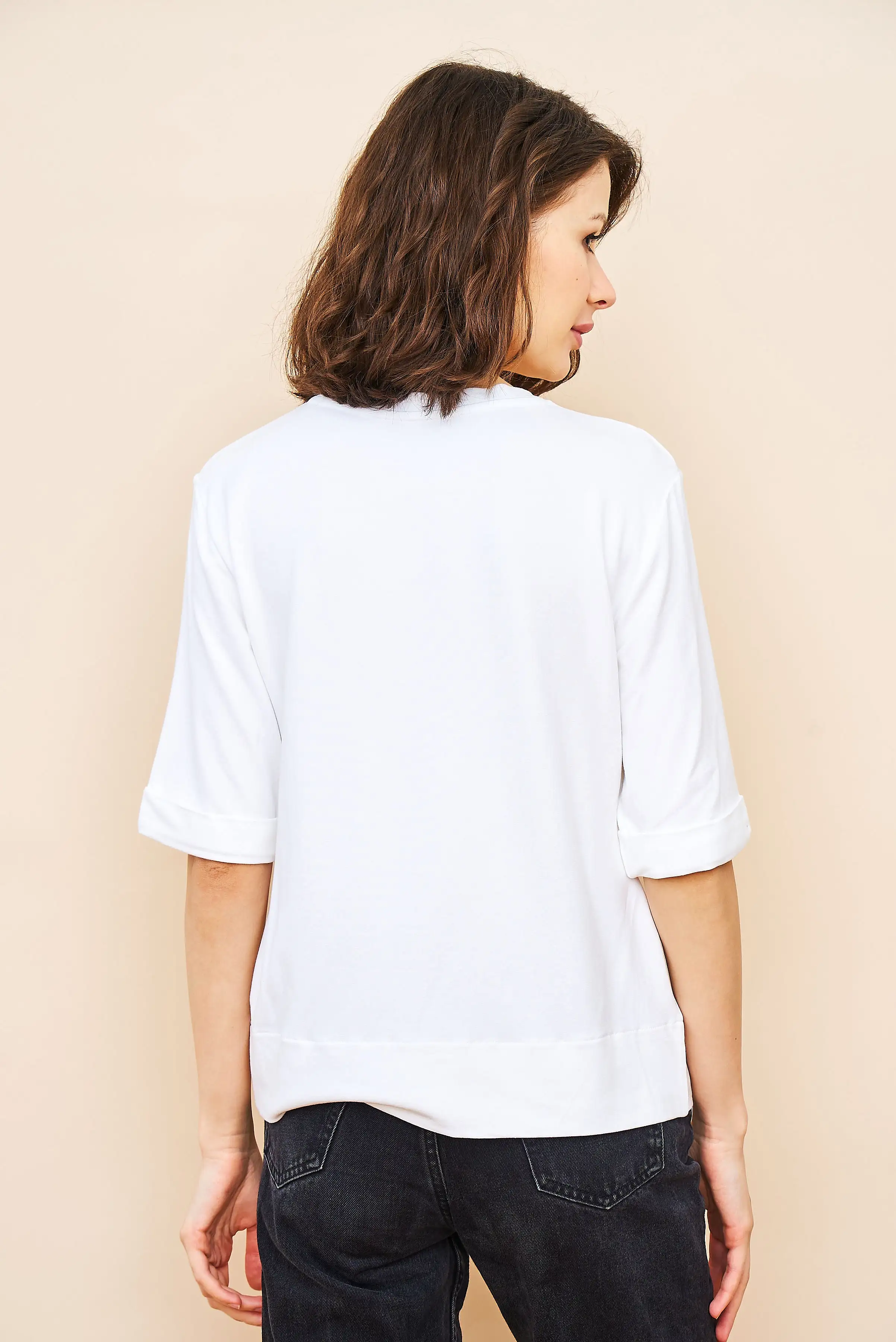 French Terry Semi Relaxed Elbow Sleeve Pullover in Blanc