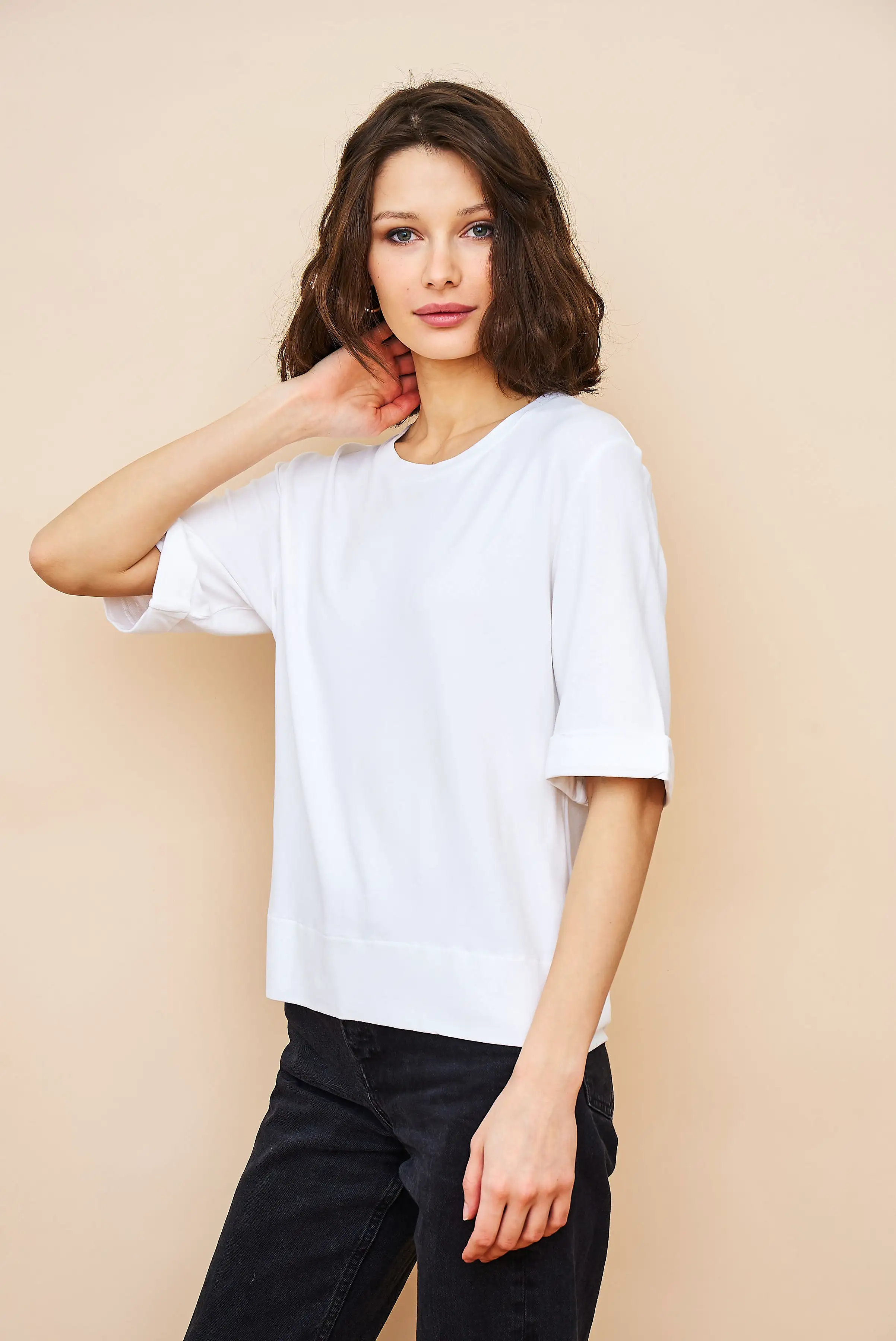 French Terry Semi Relaxed Elbow Sleeve Pullover in Blanc