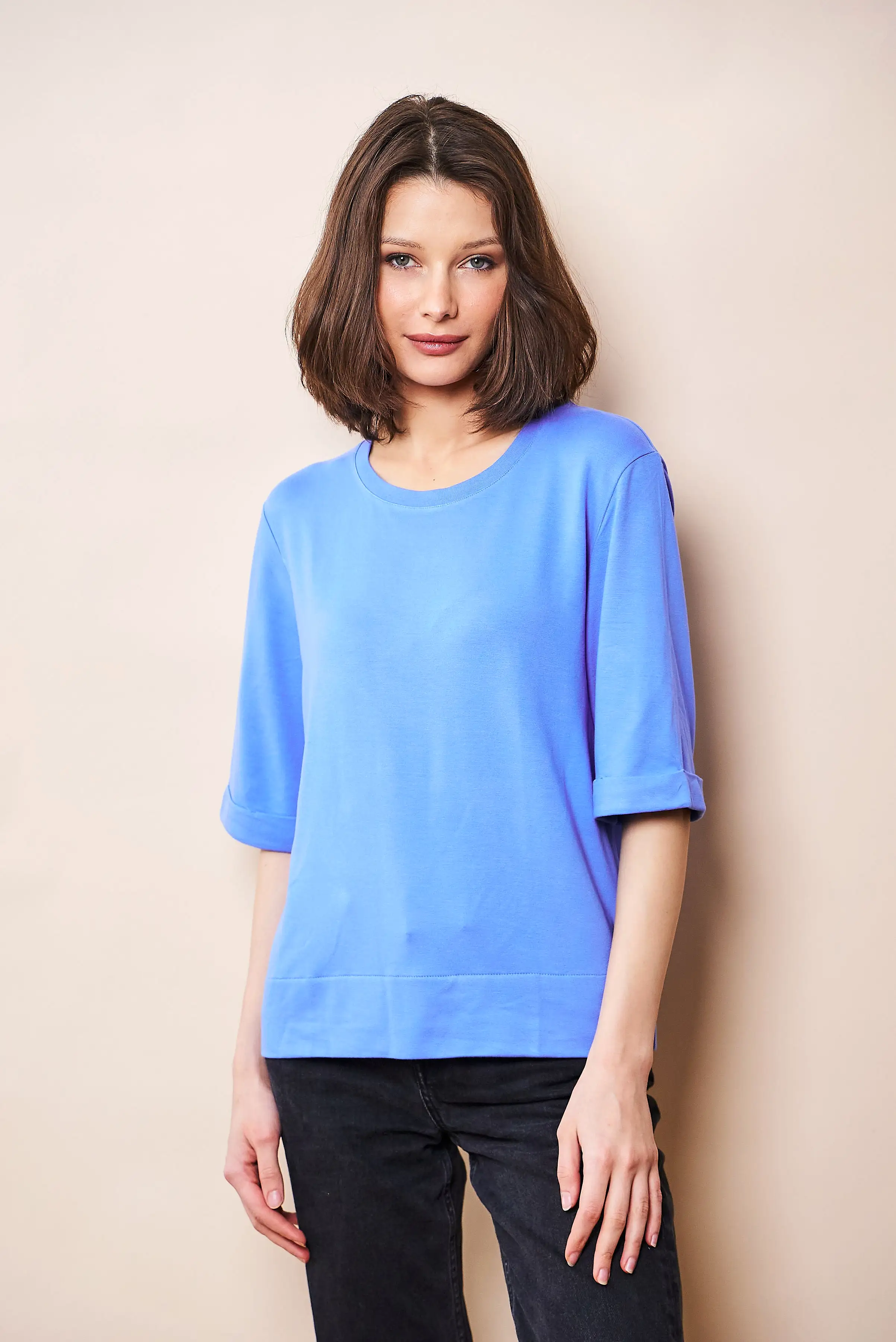 French Terry Semi Relaxed Elbow Sleeve Pullover in Mykonos