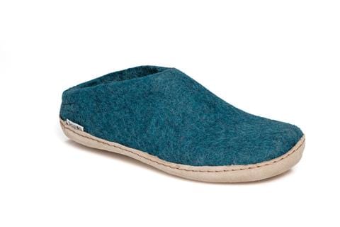 Glerups Slippers: Open-Heel, Petrol Slipper with Leather Bottom - B-06-00