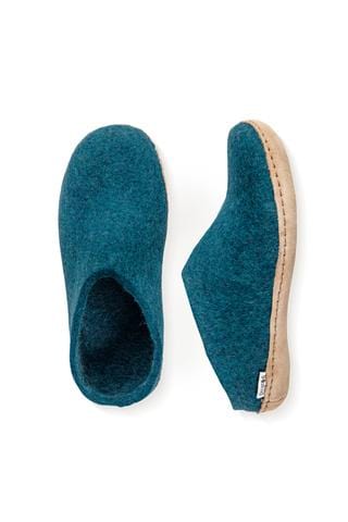 Glerups Slippers: Open-Heel, Petrol Slipper with Leather Bottom - B-06-00