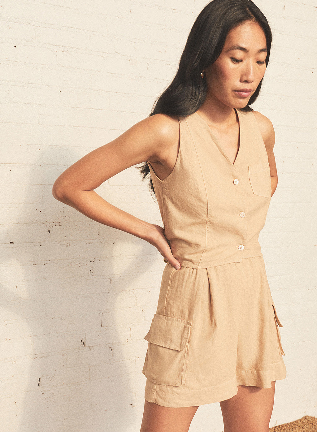 Linen Pocket Vest in Wheat