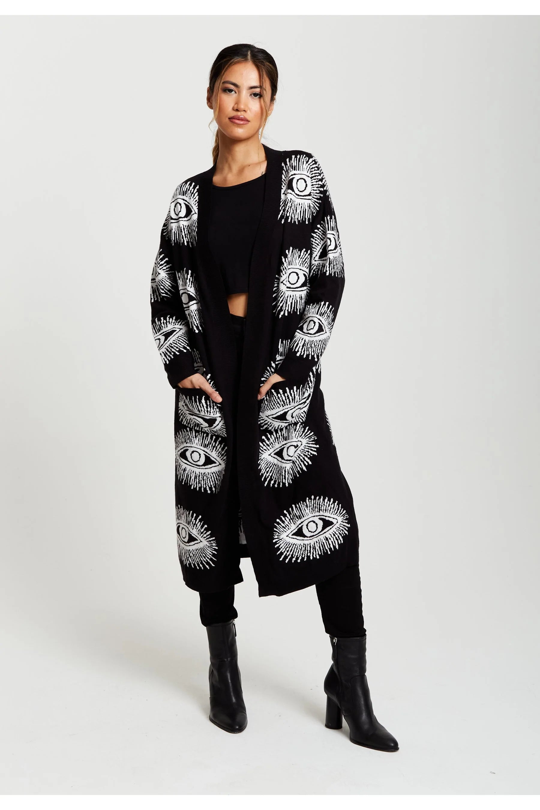 Liquorish Eye Pattern Longline Cardigan