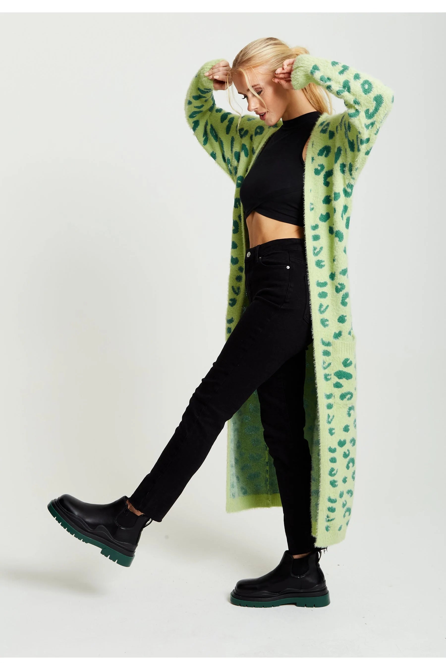 Liquorish Fluffy Longline Cardigan In Green Animal Print