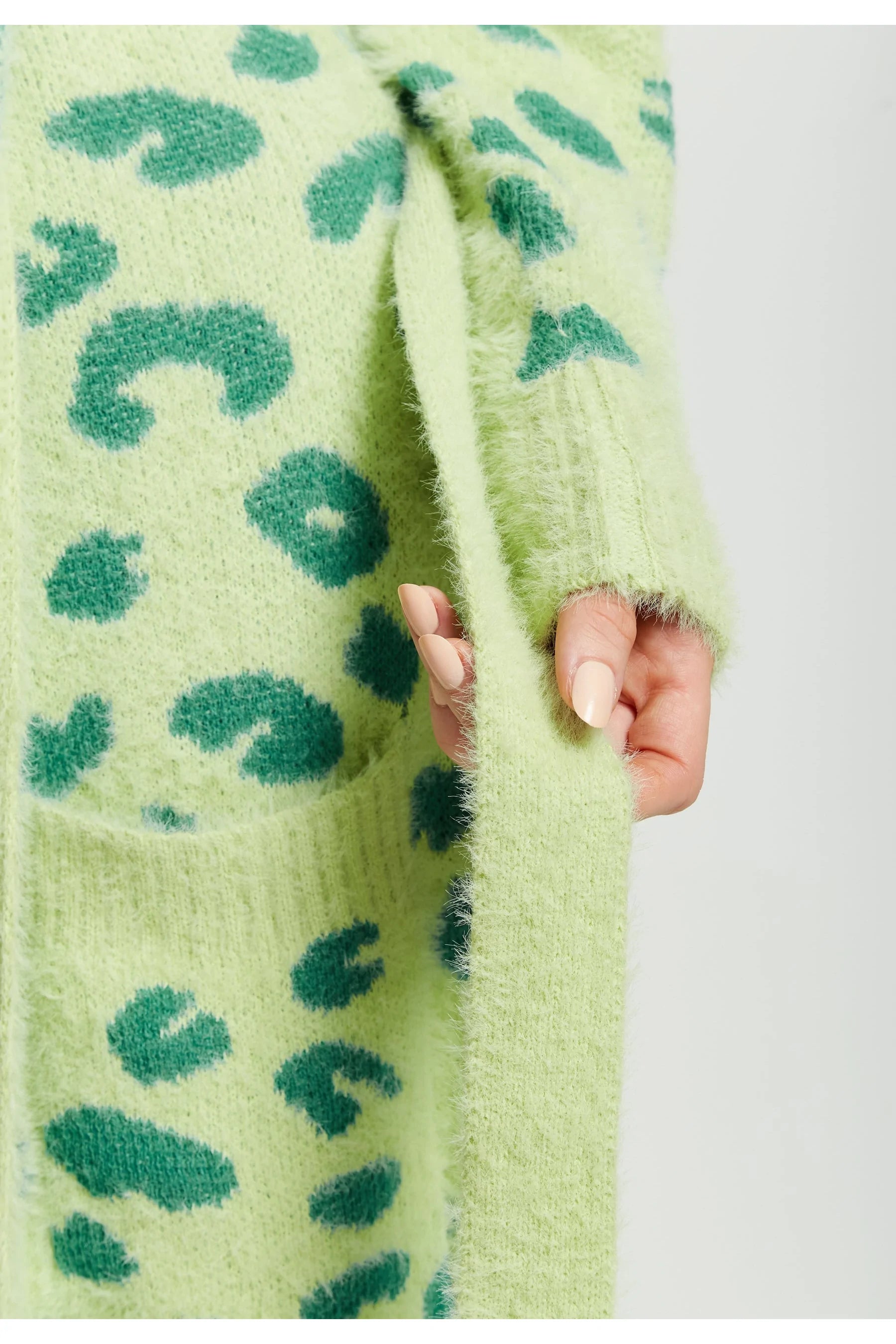 Liquorish Fluffy Longline Cardigan In Green Animal Print