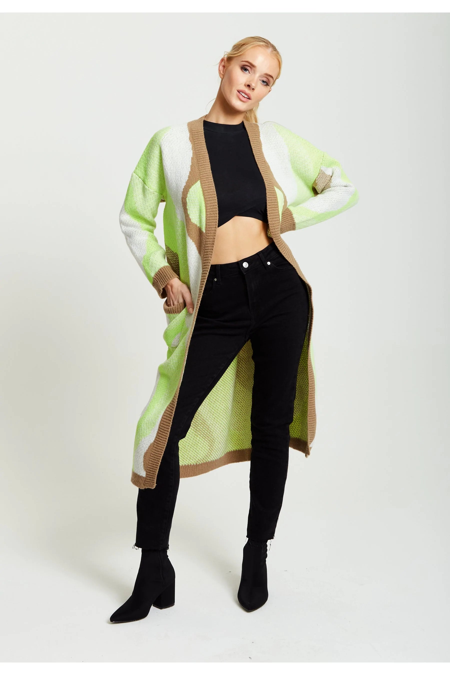 Liquorish Longline Cardigan In Brown, Green And White