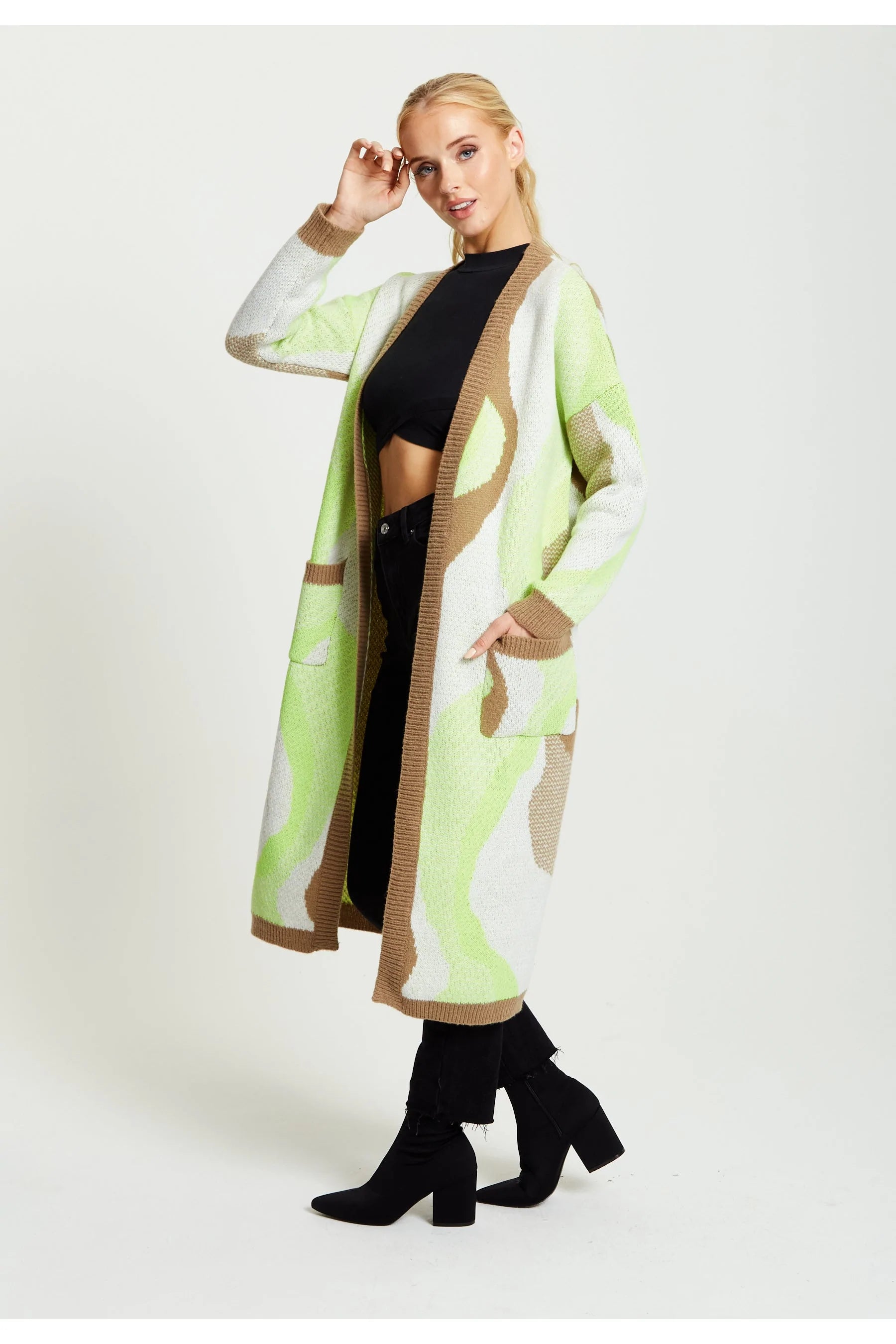 Liquorish Longline Cardigan In Brown, Green And White