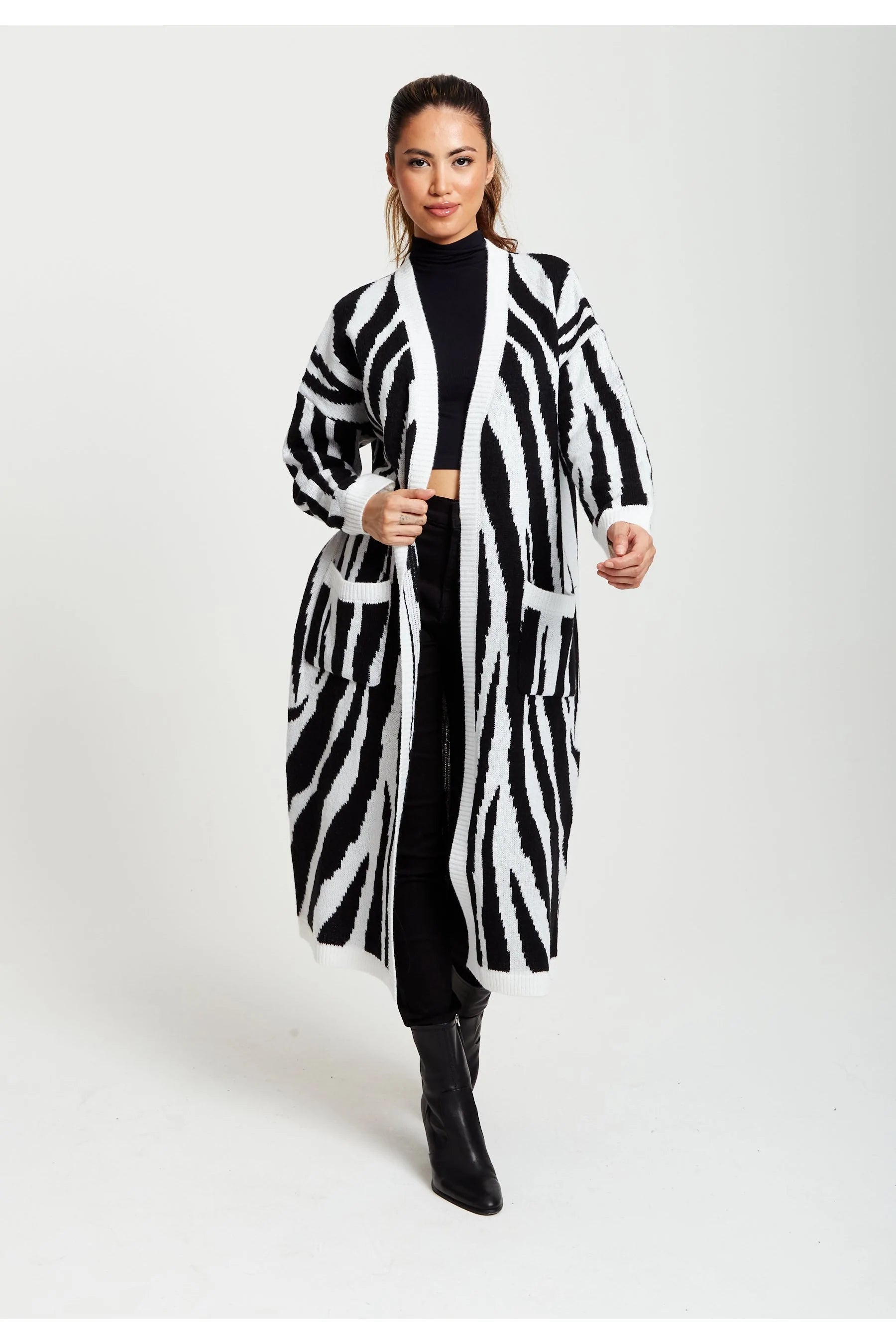 Liquorish Longline Cardigan Zebra Pattern