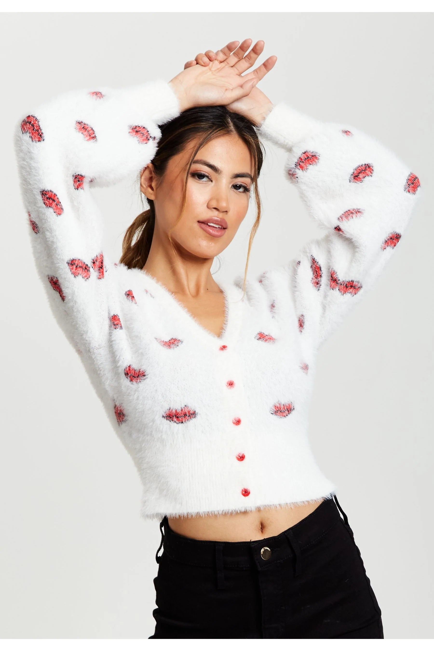 Liquorish Red Lip Pattern Fluffy Cardigan In White