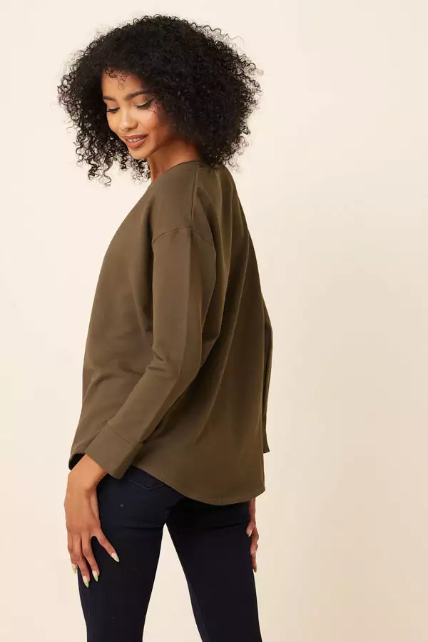 Majestic French Terry Semi-Relaxed Long Sleeve Crewneck in Kaki