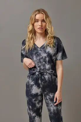 Majestic French Terry Tie Dye Semi Relaxed V Neck in Marine