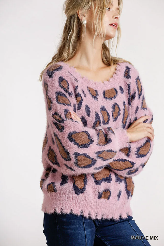 Mauve Animal Print Distressed Sweater