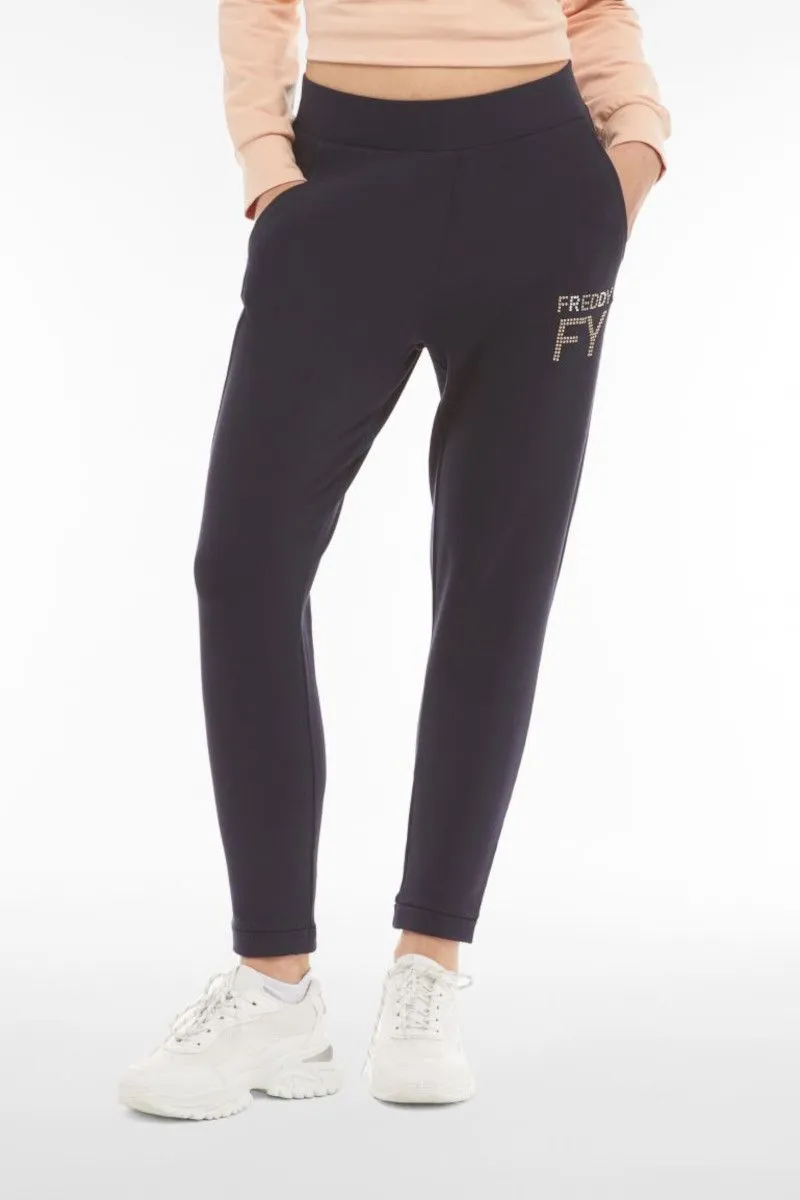 Pantaloni in french terry modal 7/8 con risvolto sul fondo donna Blu