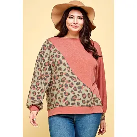 Plus Size Cute Animal French Terry Brush Contrast Print Pullover