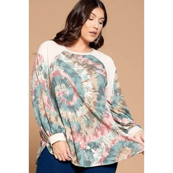 Plus Size Tie Dye French Terry Print Balloon Sleeve Top