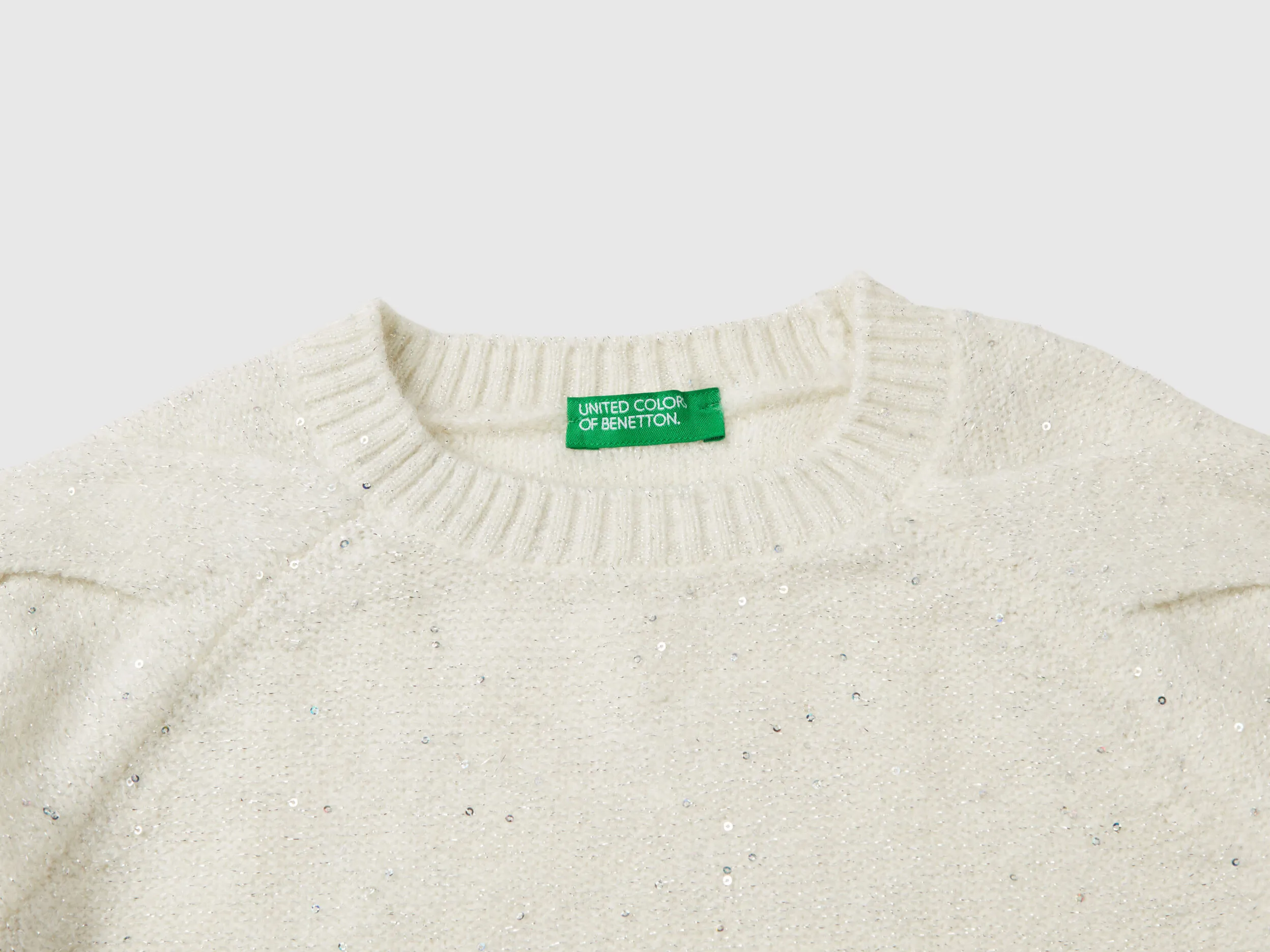 Sweater with recycled fabric and sequins - Creamy White | Benetton