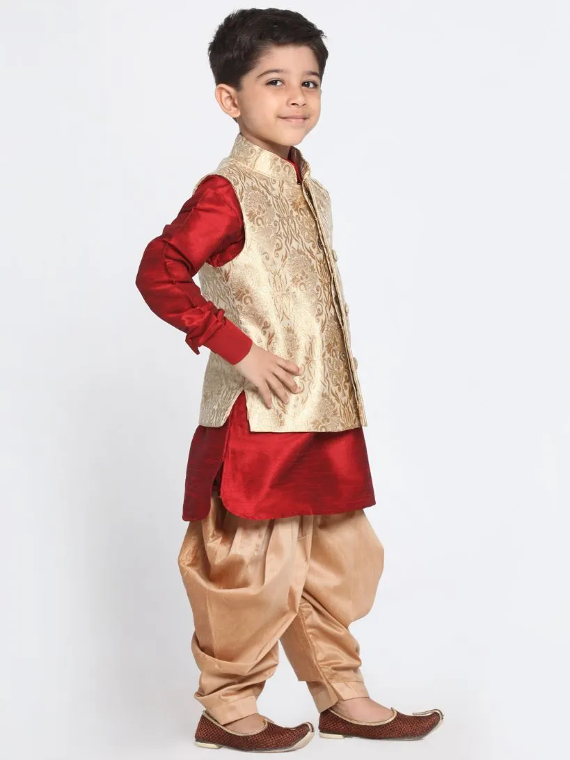 VASTRAMAY Boys' Gold Cotton Silk Blend Ethnic Jacket, Maroon Kurta and Dhoti Pant Set