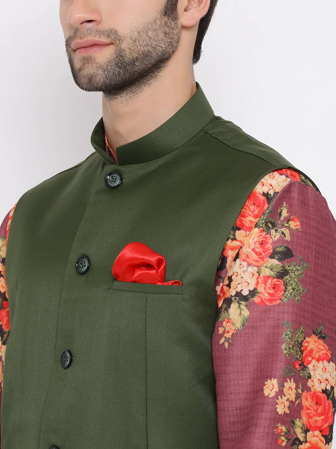 VASTRAMAY Men's Green Twill Jacket, Printed Kurta and Pyjama Set