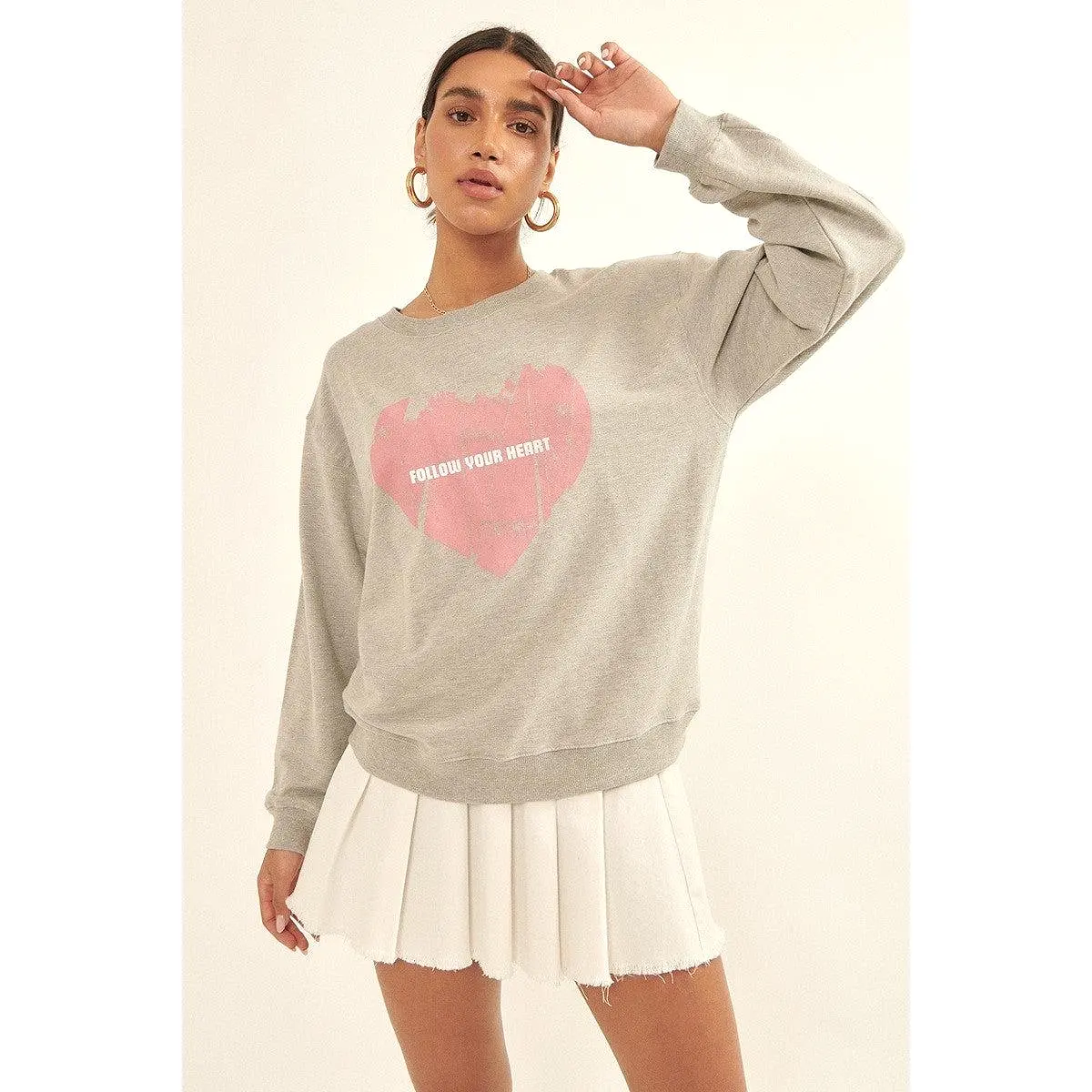 Vintage-style Heart Graphic Print French Terry Knit Sweatshirt