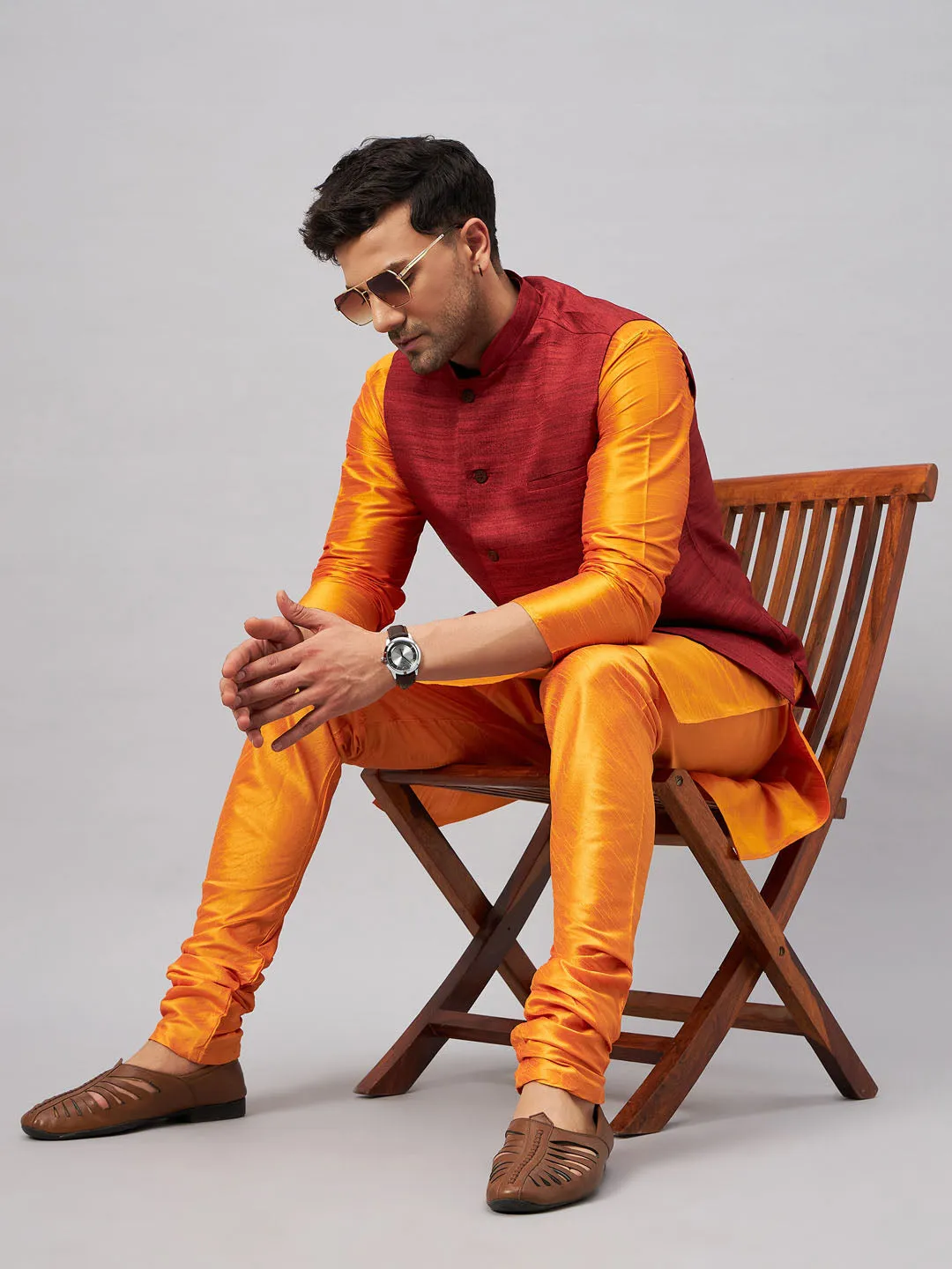 VM BY VASTRAMAY Men's Maroon Jacket With Orange Kurta And Pyjama Set