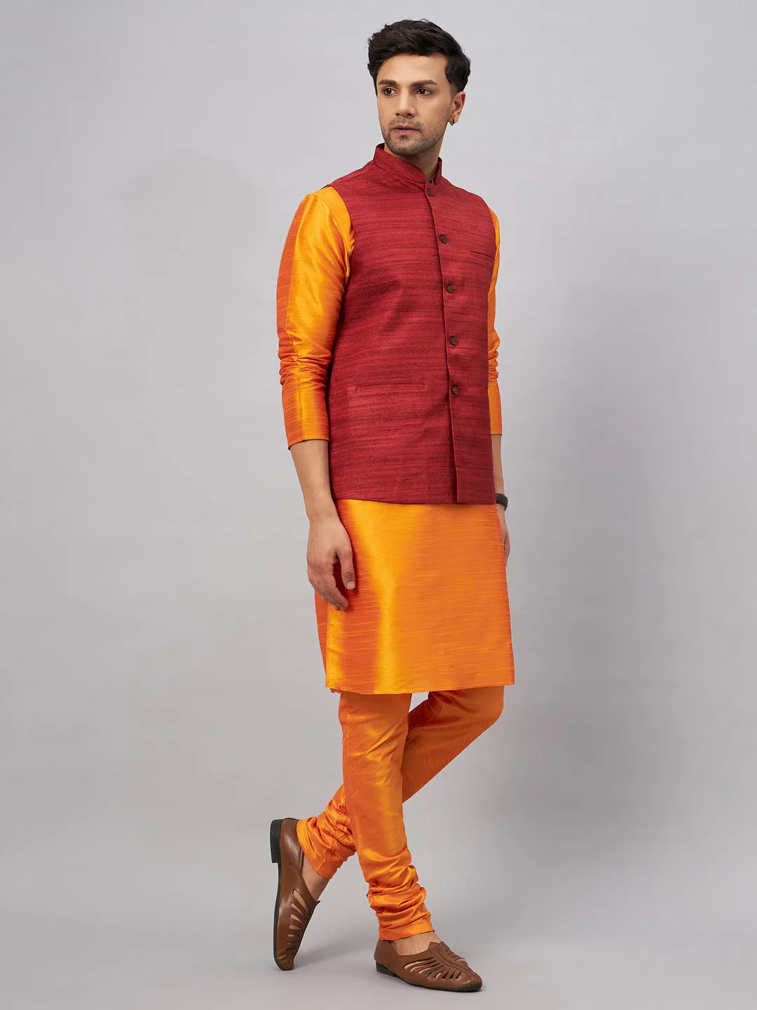 VM BY VASTRAMAY Men's Maroon Jacket With Orange Kurta And Pyjama Set