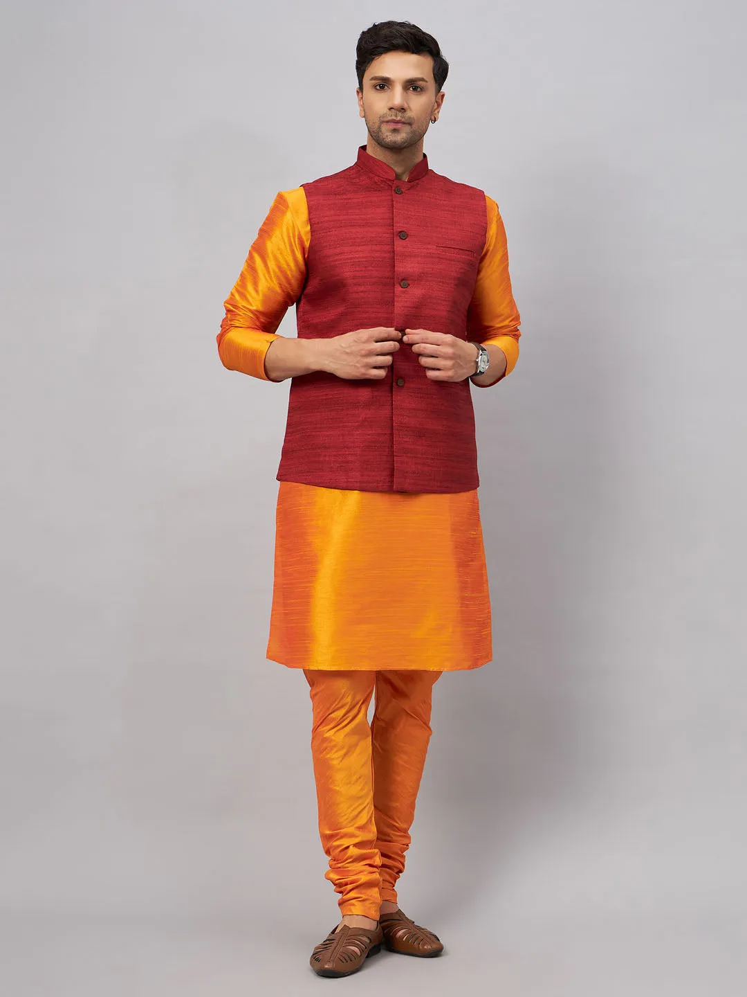 VM BY VASTRAMAY Men's Maroon Jacket With Orange Kurta And Pyjama Set