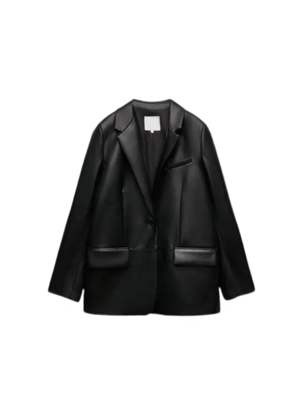 Women Black Oversized Leather Coat Blazer