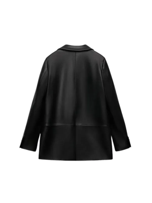 Women Black Oversized Leather Coat Blazer