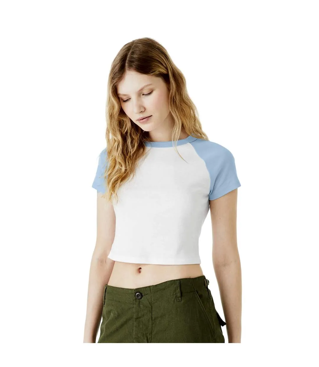 Womens/ladies micro-rib raglan crop top white/baby blue Bella + Canvas